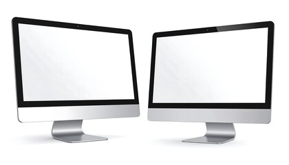 Two modern desktop computers, side by side, displaying blank white screens. Each rests on a silver stand, against a pure white background