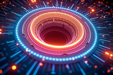 Neon rings pulse in cosmic void, radiant data streams explode outwardfuture tech meets digital cosmos.