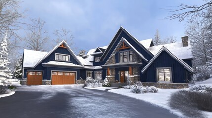 Winter lakefront home, snowy driveway, trees