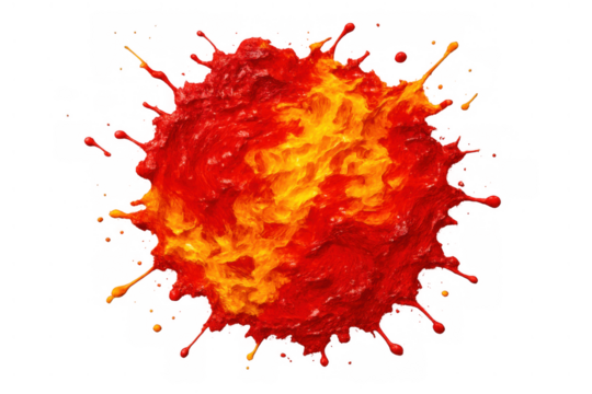 Molten lava paint explosion splashing hot red and yellow fluid, abstract erupting magma texture on transparent background