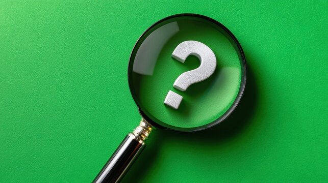 Magnifying glass revealing a question mark on a green surface seen from above