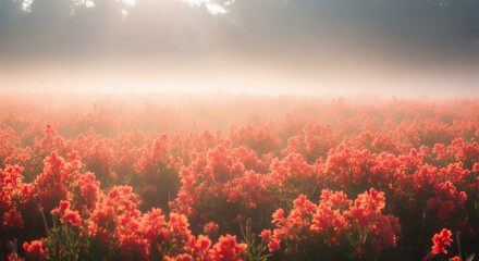 Beautiful field of red and orange flowers in dreamy morning mist and fog
