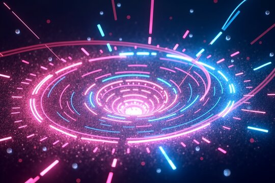 Neon spiral tunnel of pink and blue light, glowing particles radiate outward in cosmic digital space. - Powered by Adobe