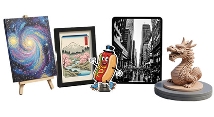 Eclectic mix of art styles showcases a vibrant universe canvas, classic Japanese painting, lively cartoon hotdog on roller skates, monochrome city scene on a tablet, and a detailed dragon sculpture