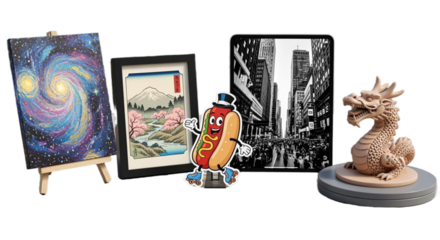 Eclectic mix of art styles showcases a vibrant universe canvas, classic Japanese painting, lively cartoon hotdog on roller skates, monochrome city scene on a tablet, and a detailed dragon sculpture