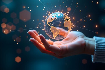 Hand cradles glowing digital globe, surrounded by light trails and bokeh orbs against dark blue background.