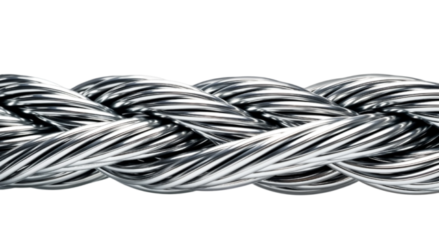 Strong steel wire rope or metal cable for industrial use. Isolated on transparent background