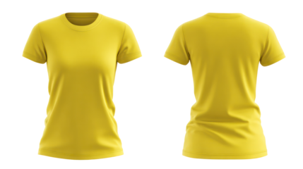 Front and back view of a yellow t shirt isolated on transparent background