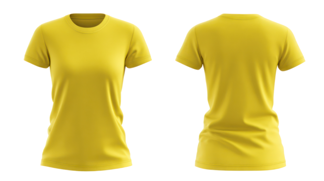 Front and back view of a yellow t shirt isolated on transparent background