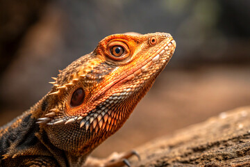 Fototapeta premium Zoomed detail of a lizard’s head with intense amber tones