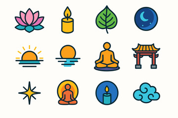 Obraz premium Sacred Lotus Icons. Sacred Lotus Imagery modern flat icon set: lotus blossom, candlelight, Bodhi leaf, sunrise horizon, reflection on water, meditation pose, moonlight, aura ring,