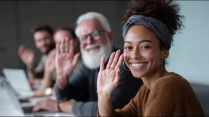 A group of smiling professionals in a modern training room wave at the camera. The setting is a course, focused on skills development and teamwork in a supportive environment.