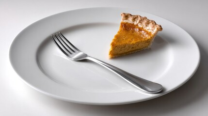 A perfectly baked slice of pumpkin pie rests on a pristine white plate. A gleaming fork sits nearby, inviting dessert lovers to indulge in this autumn treat