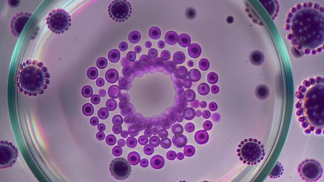 Microscopic cinematic footage of round coccus bacteria, ultra-realistic and stunning, highlighting cellular structures in purple hues