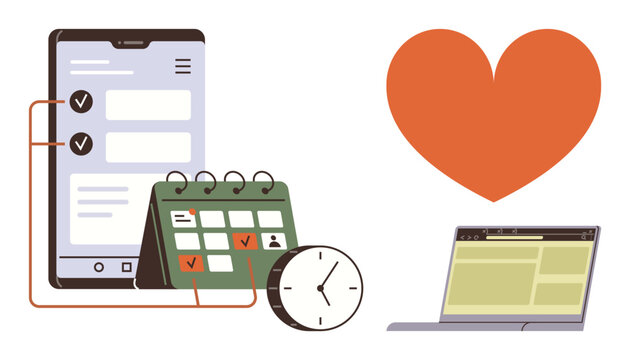 Smartphone with task manager, calendar, clock, laptop, and heart symbol representing productivity, time management, digital tools, personal organization, technology integration scheduling
