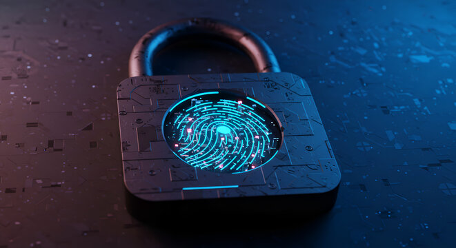 Futuristic padlock with fingerprint scanner representing digital security and data protection