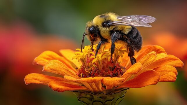 Male American Bumblebee on orange zinnia