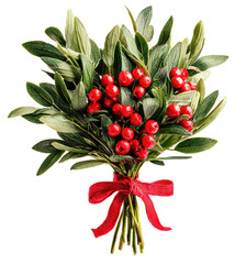 mistletoe bouquet with red ribbon isolated on transparent background