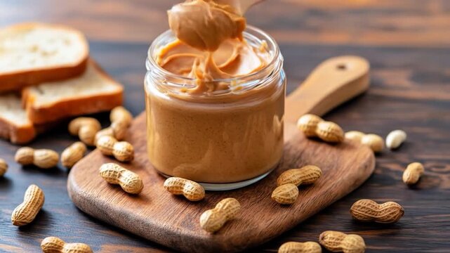 Creamy peanut butter jar with whole peanuts and toasted bread slices on wooden table surface