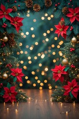 Christmas background with festive garland, poinsettia flowers, pine cones, and holiday lights