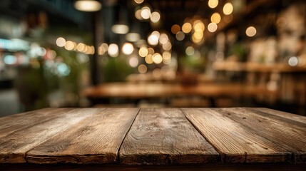 Rustic wooden table with warm bokeh background