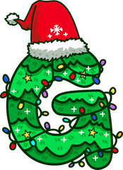 Christmas Tree Uppercase Alphabet G with Santa Hat and Christmas Light