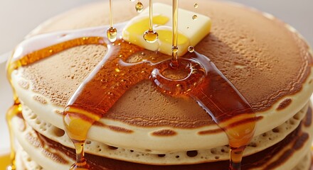 Stack of fluffy pancakes drenched in maple syrup and melting butter