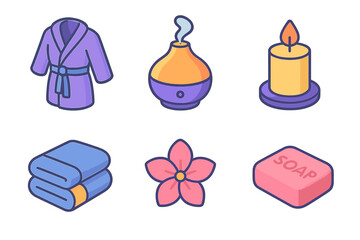 Spa Icon Set. Relaxing Spa modern flat icon set: bathrobe, diffuser, candlelight, soft towel, flower petal, soap.