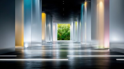 A futuristic hallway with illuminated translucent pillars and a view of lush green trees at the far end.