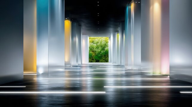 A futuristic hallway with illuminated translucent pillars and a view of lush green trees at the far end.