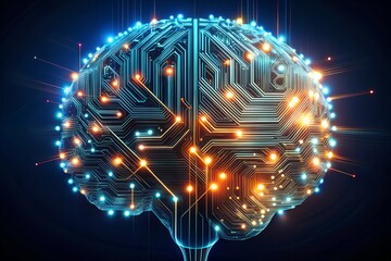 Abstract digital brain with glowing circuits and neural network connections