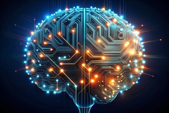 Abstract digital brain with glowing circuits and neural network connections