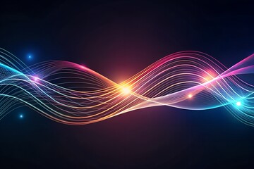 Abstract glowing wave of colorful light particles and lines on a dark background
