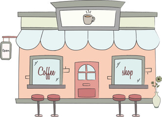 Coffee shop illustration in scribble line art style and pastel color vector isolated doodle. Clip art of cozy cafe for asset, design, book, print, poster
