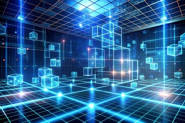 Abstract futuristic digital grid with glowing blue cubes and lines in a dark futuristic environment