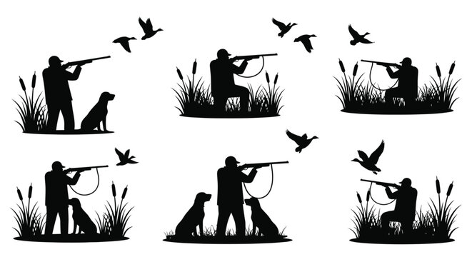 Silhouette hunters with dogs aiming rifles amidst tall reeds and flying birds