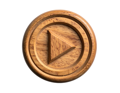 Circular wooden play button icon, finely crafted, isolated