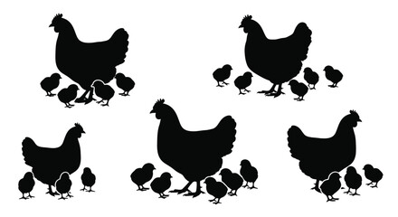 Black silhouettes of hens and chicks illustrate a farm animal scene