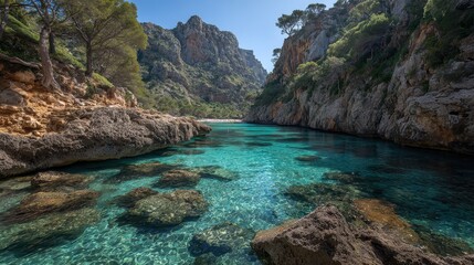 Obraz premium Mallorca s Cala Marmols An Isolated Gem with Blue Seas and Steep Cliffs
