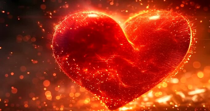 Fiery heart made of glowing particles and bokeh effect, symbolizing love and passion with an abstract, energetic glow 4k video