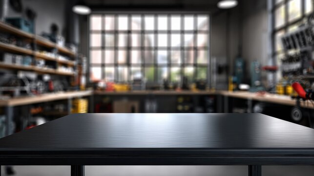 black metal table surface in a car repair workshop blurred background shows the shop interior with tools shelves windows workshop table for product display or advertisement
