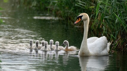 Fototapeta premium Mama swan and her brood in the water