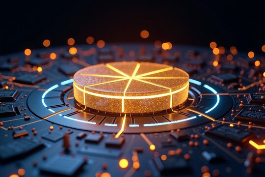 Golden pie chart on futuristic circuit board, glowing lights, tech data visualization concept.
