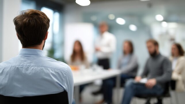 Man in shirt listening to presenter in conference room with colleagues showing engagement and teamwork during corporate meeting
