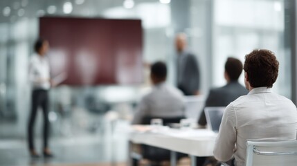 Man in white shirt listening to presentation in modern office meeting room with colleagues and presenter, focused atmosphere and professional collaboration