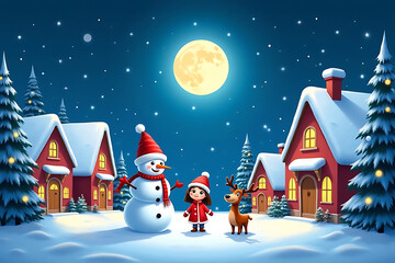 Charming winter village scene with snowman girl and reindeer under moonlight