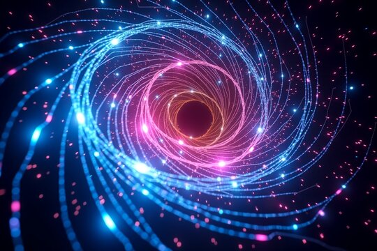 Neon swirls of blue and pink light spiral into cosmic void, sparkling particles dance in deep space tunnel.