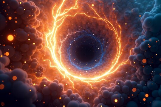 Cosmic tunnel spirals through starry void, glowing orange light radiates from center. Surreal cosmic landscape under deep space stars.