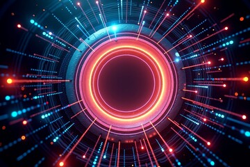 Neon-lit circular tech interface radiates vibrant pink and blue hues against dark background, futuristic data tunnel effect.