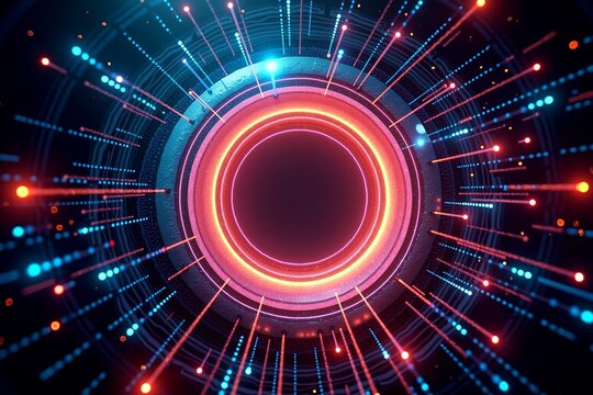 Neon-lit circular tech interface radiates vibrant pink and blue hues against dark background, futuristic data tunnel effect.